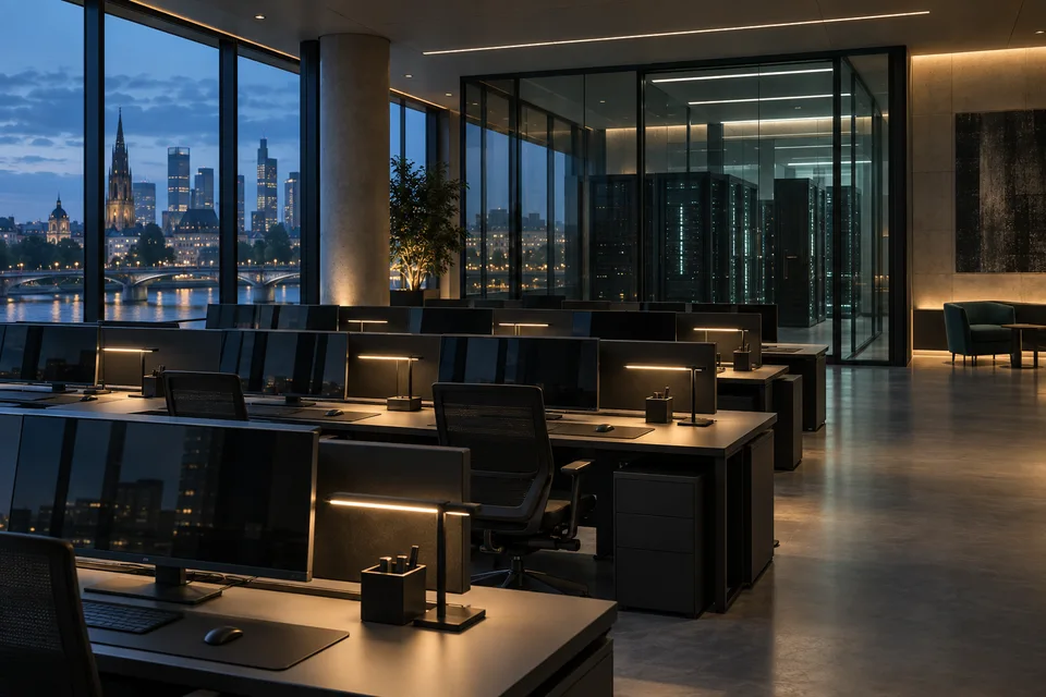 An illustrative bank technology operations floor overlooking a city