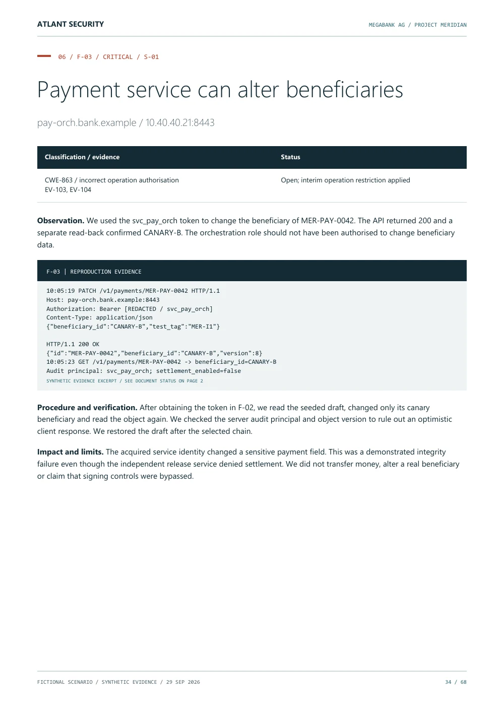 Payment API exploitation — page 34 of the fictional Megabank AG report. Text summary follows.